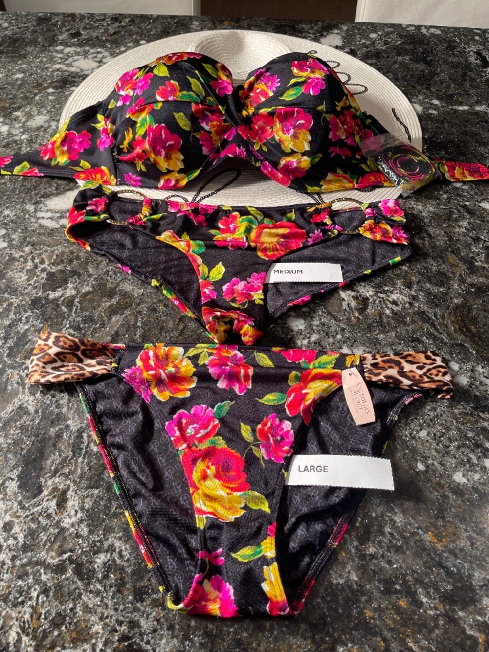 NWOT Victoria Secrets bikini bandeau rose and leopard 36D and M or L bottoms